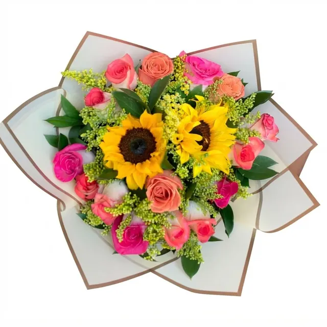 Bouquet de rosas multicolor y girasoles